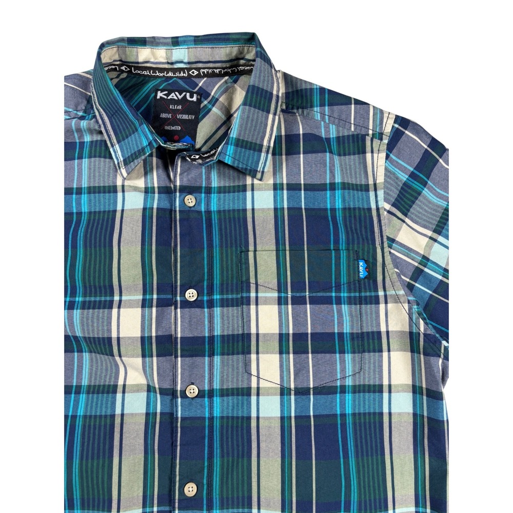 KAVU Mens Blue Green Plaid Short Sleeve Button Down Shirt Size Medium Pocket
